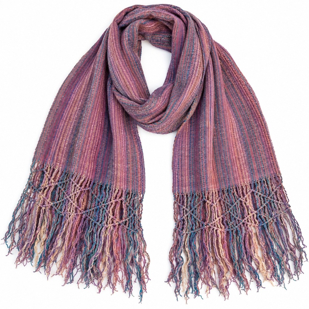 Vtg Handwoven Wool Fringe Scarf Purple Pink Striped Boho Artisanal Fiber Art
